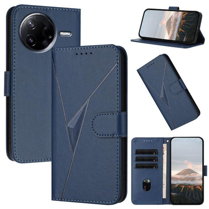Royal blue leather phone case with triangle pattern, buckle clasp, and card holder slot.