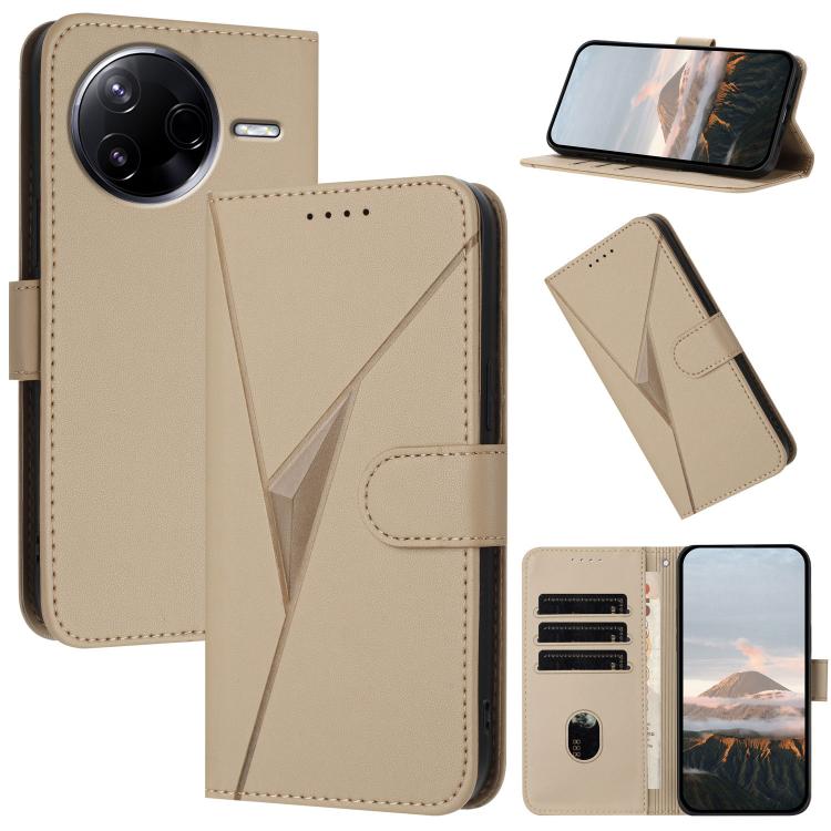 Gold leather phone case with triangle pattern, buckle clasp, and card holder slot.