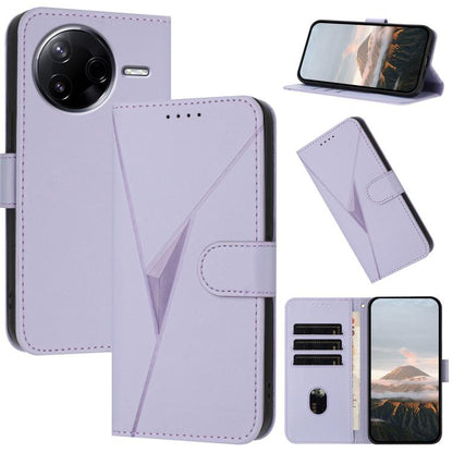 Light purple leather phone case with triangle pattern, buckle clasp, and card holder slot.