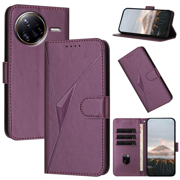 Dark purple leather phone wallet case with triangle pattern, buckle clasp, kickstand