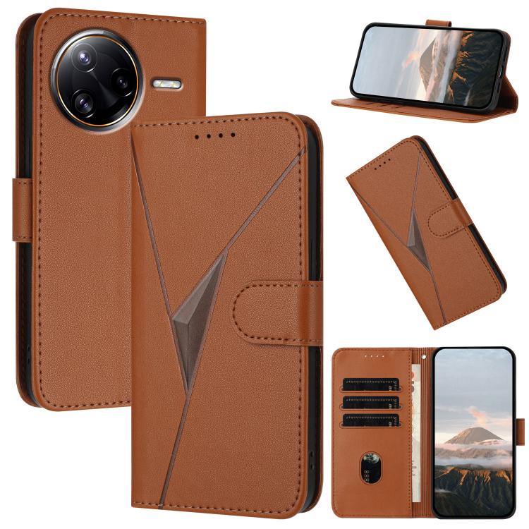 Brown leather phone case with triangle buckle clasp, card slots, and flip cover for phone