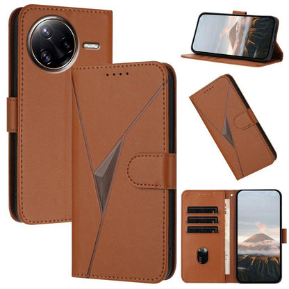 Brown leather phone case with triangle buckle clasp, card slots, and flip cover for phone