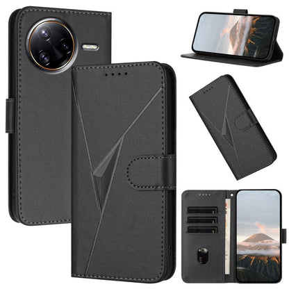 Black leather phone case with triangle buckle clasp, card slots, and flip cover for phone