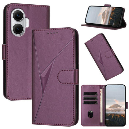 Dark purple leather phone case with triangle pattern, buckle clasp, and card slots