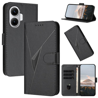 Black leather phone case with triangle pattern, buckle clasp, and card slots