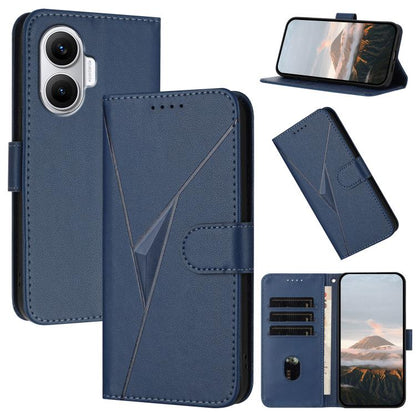 Royal blue leather phone case with triangle pattern, buckle clasp, and card slots