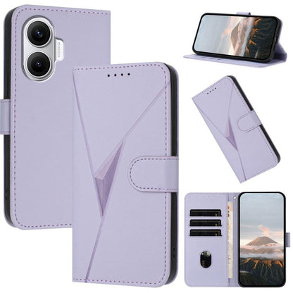 Light purple leather phone wallet case with triangle pattern, buckle clasp, card slots
