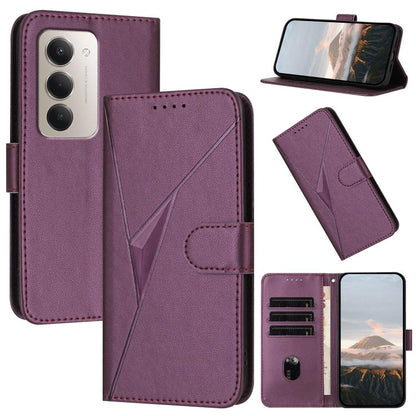 Dark purple leather flip phone case with geometric triangle pattern and card slots
