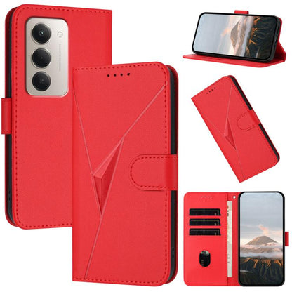 Red leather flip phone case with geometric triangle pattern and card slots