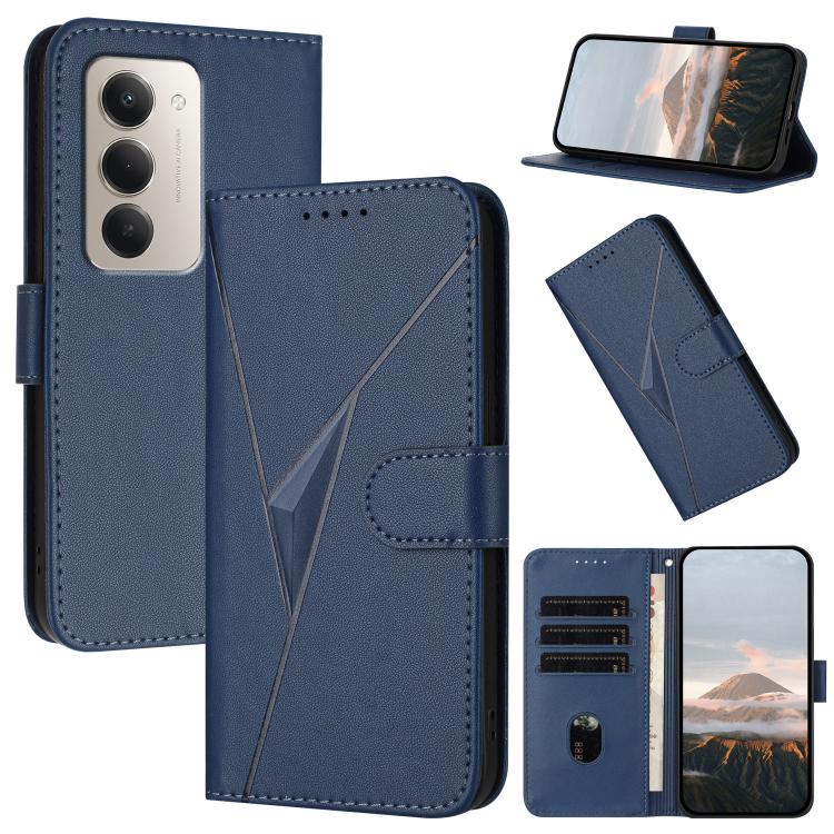 Royal blue leather flip phone case with geometric triangle pattern and card slots