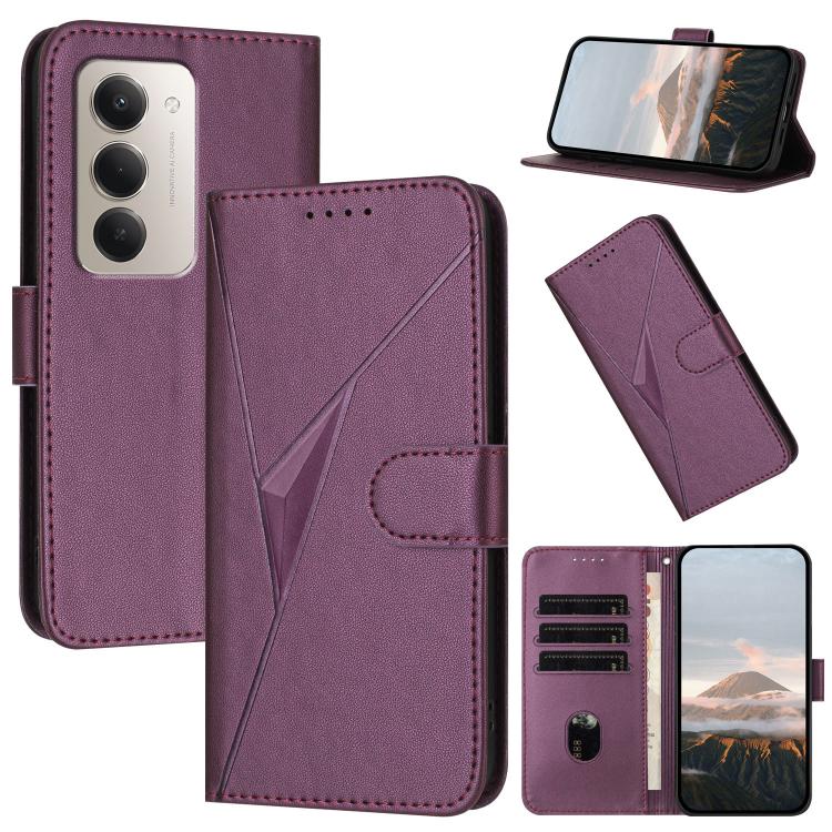 Dark purple leather phone case with triangle pattern, buckle clasp, and card slots with stand
