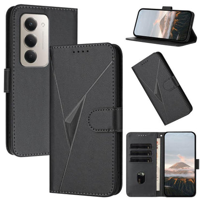 Black leather flip phone case with geometric triangle pattern and card slots