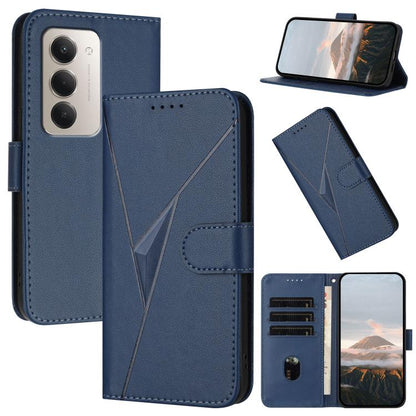 Royal blue leather flip phone case with geometric triangle pattern and card slots
