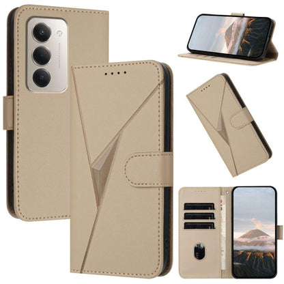 Beige leather flip phone case with geometric triangle pattern and card slots