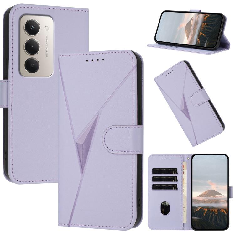 Light purple leather flip phone case with geometric triangle pattern and card slots