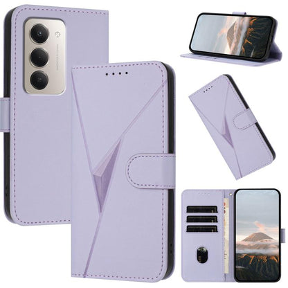 Light purple leather flip phone case with geometric triangle pattern and card slots