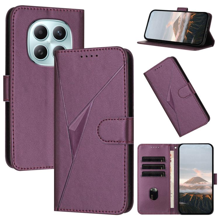 Dark purple leather phone case with triangular buckle clasp, flip cover, and card slots