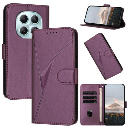 Dark purple leather phone case with triangular buckle clasp, flip cover, and card slots
