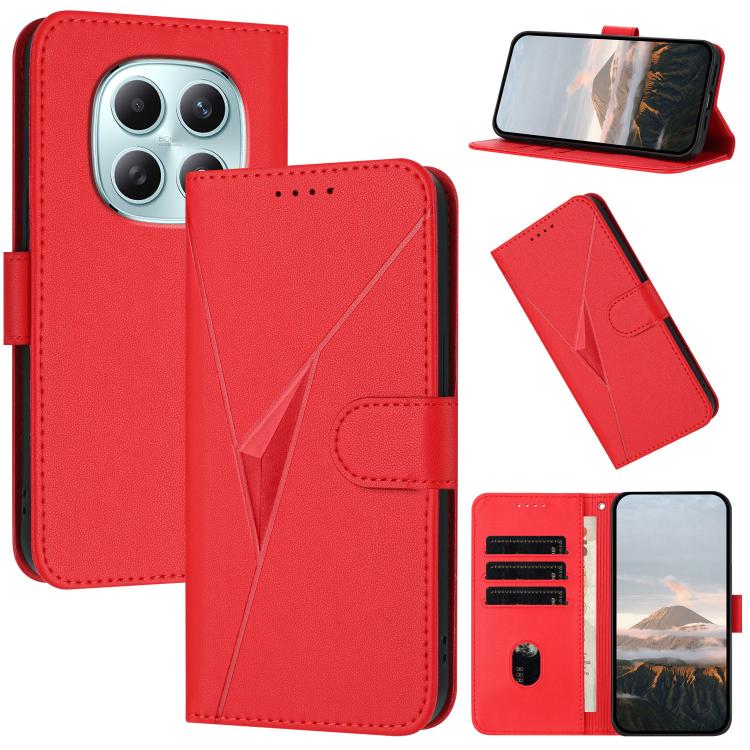 Red leather phone case with triangular buckle clasp, flip cover, and card slots