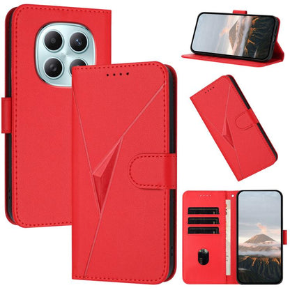 Red leather phone case with triangular buckle clasp, flip cover, and card slots
