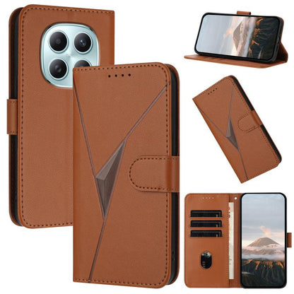 Brown leather phone case with triangular buckle clasp, flip cover, and card slots
