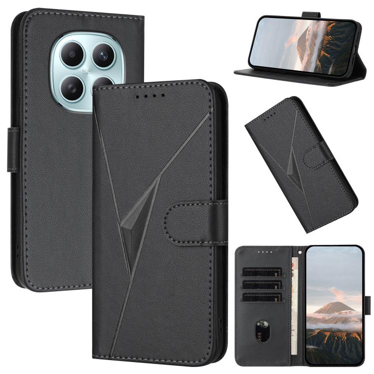 Black leather phone case with triangular buckle clasp, flip cover, and card slots