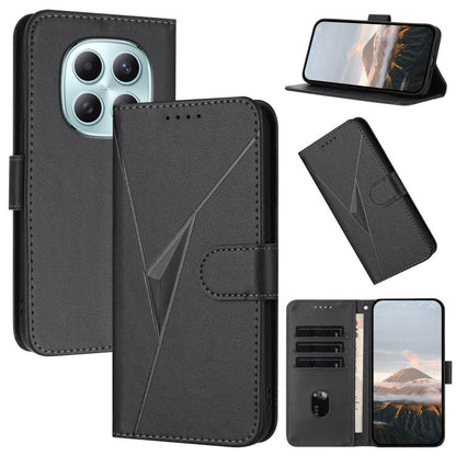 Black leather phone case with triangular buckle clasp, flip cover, and card slots
