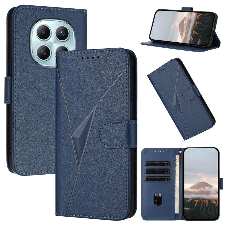 Royal blue leather phone case with triangular buckle clasp, flip cover, and card slots