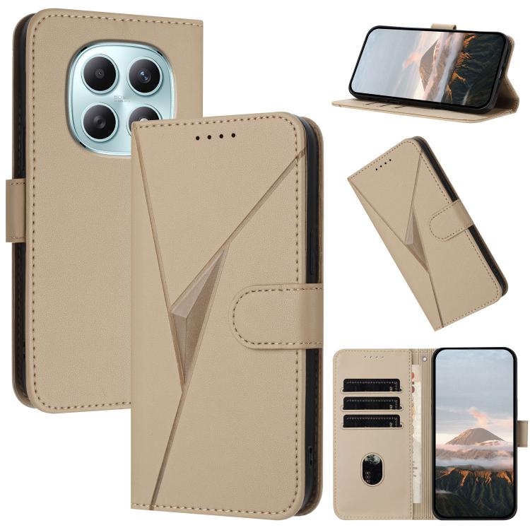 Beige leather phone case with triangular buckle clasp, flip cover, and card slots