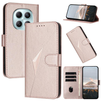 Light pink leather phone case with triangular buckle clasp, flip cover, and card slots