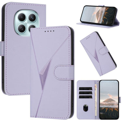 Lavender triangle-pattern leather phone case with buckle clasp, card slots, stand view