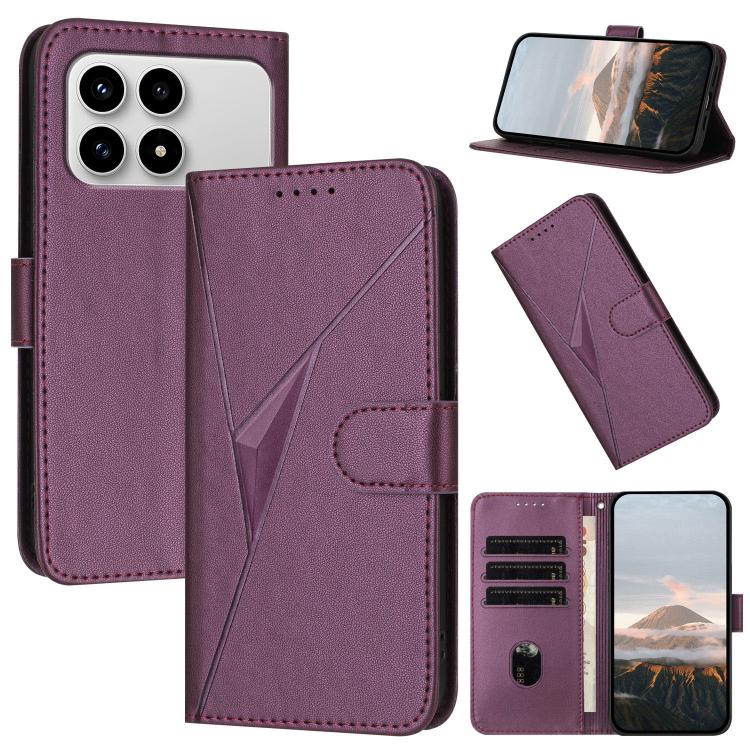Purple triangle-pattern leather phone case with buckle clasp, card slots, stand view