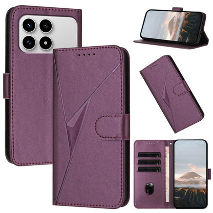 Purple triangle-pattern leather phone case with buckle clasp, card slots, stand view