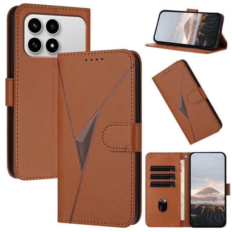 Brown leather phone case with triangle pattern, buckle clasp, and card slots with stand