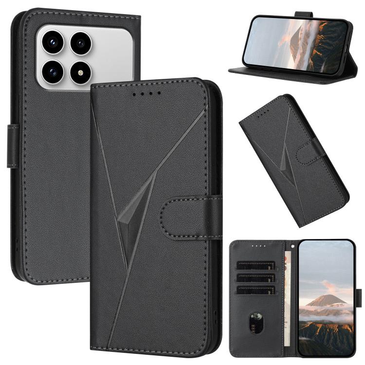 Black leather phone case with triangle pattern, buckle clasp, and card slots with stand