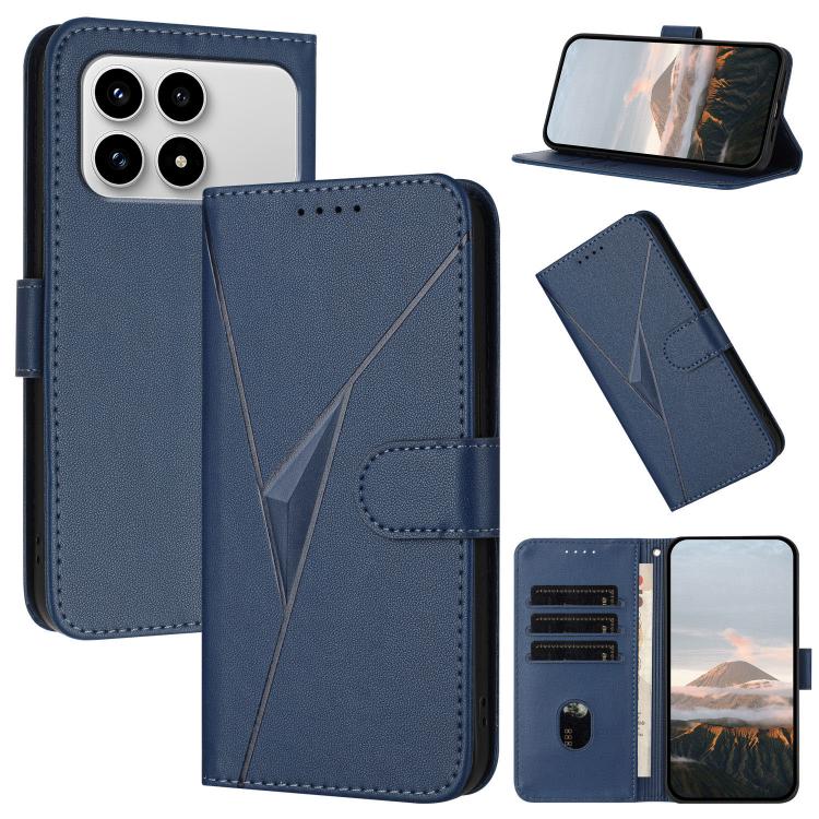 Royal blue leather phone case with triangle pattern, buckle clasp, and card slots with stand