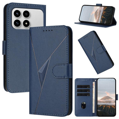 Royal blue leather phone case with triangle pattern, buckle clasp, and card slots with stand