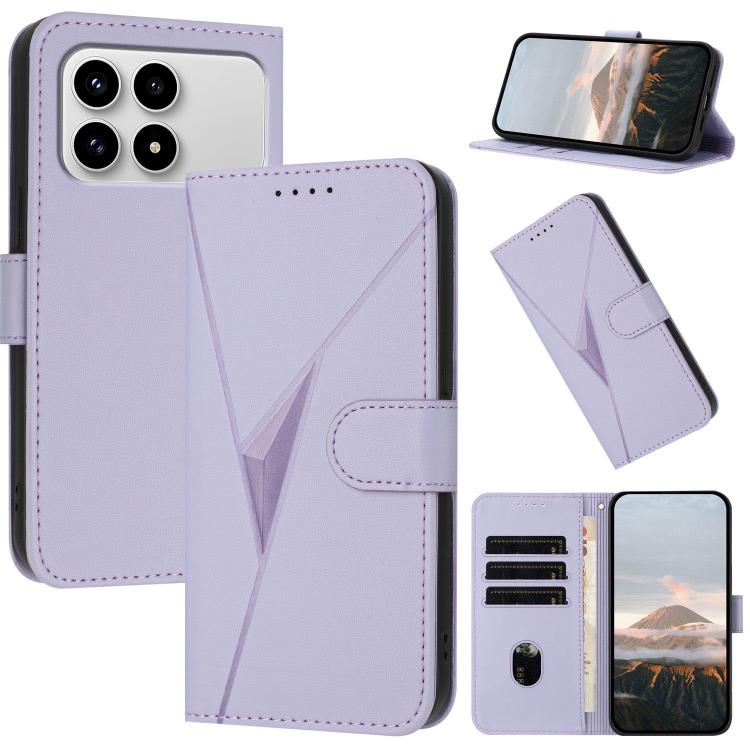 Light purple leather phone case with triangle pattern, buckle clasp, and card slots with stand