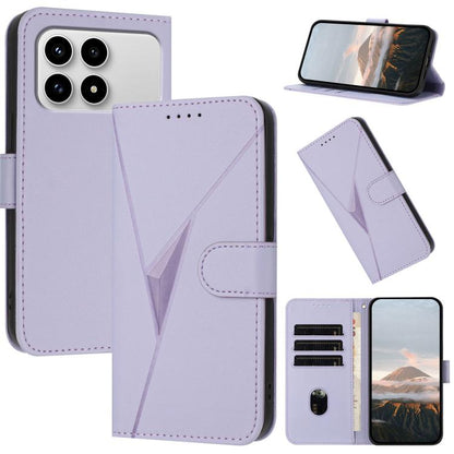 Light purple leather phone case with triangle pattern, buckle clasp, and card slots with stand