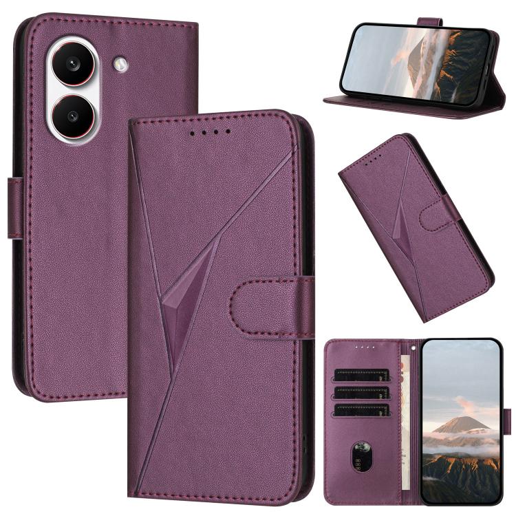 Leather phone case with triangle pattern and buckle clasp, dark purple, with card slots