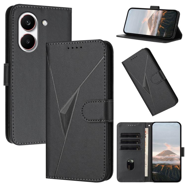 Leather phone case with triangle pattern and buckle clasp, black, with card slots