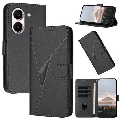 Leather phone case with triangle pattern and buckle clasp, black, with card slots