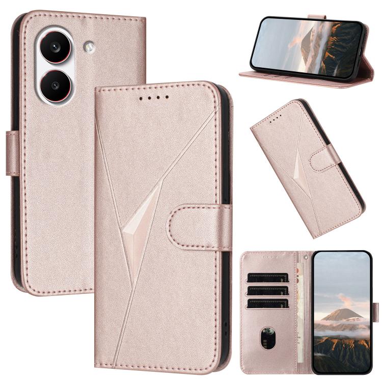 Rose pink leather phone case with triangular buckle clasp, flip cover, and card slots