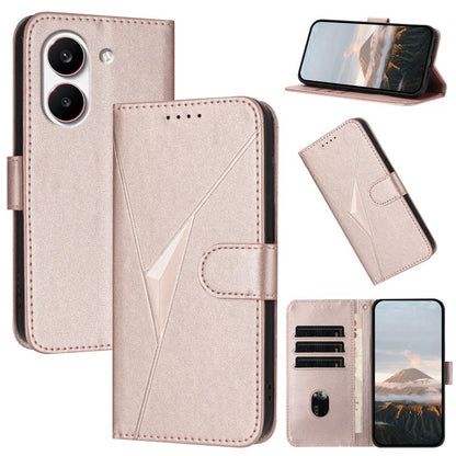 Rose pink leather phone case with triangular buckle clasp, flip cover, and card slots