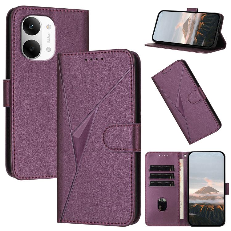 Dark purple leather-style phone case with triangle geometric panel and flip cover