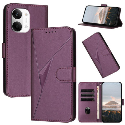 Dark purple leather-style phone case with triangle geometric panel and flip cover