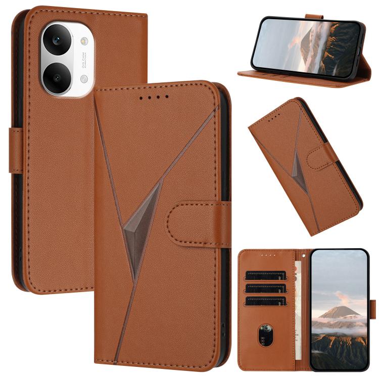 Brown leather-style phone case with triangle geometric panel and flip cover