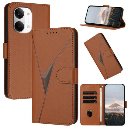 Brown leather-style phone case with triangle geometric panel and flip cover