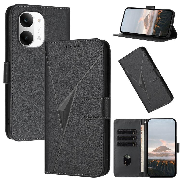 Leather phone case with triangle pattern and buckle clasp, black, with card slots