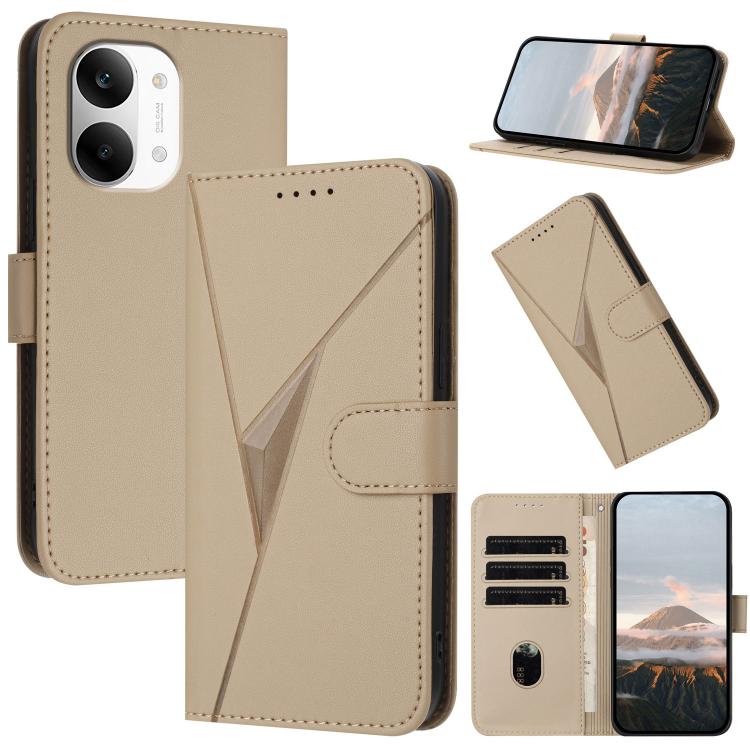 Leather phone case with triangle pattern and buckle clasp, beige, with card slots